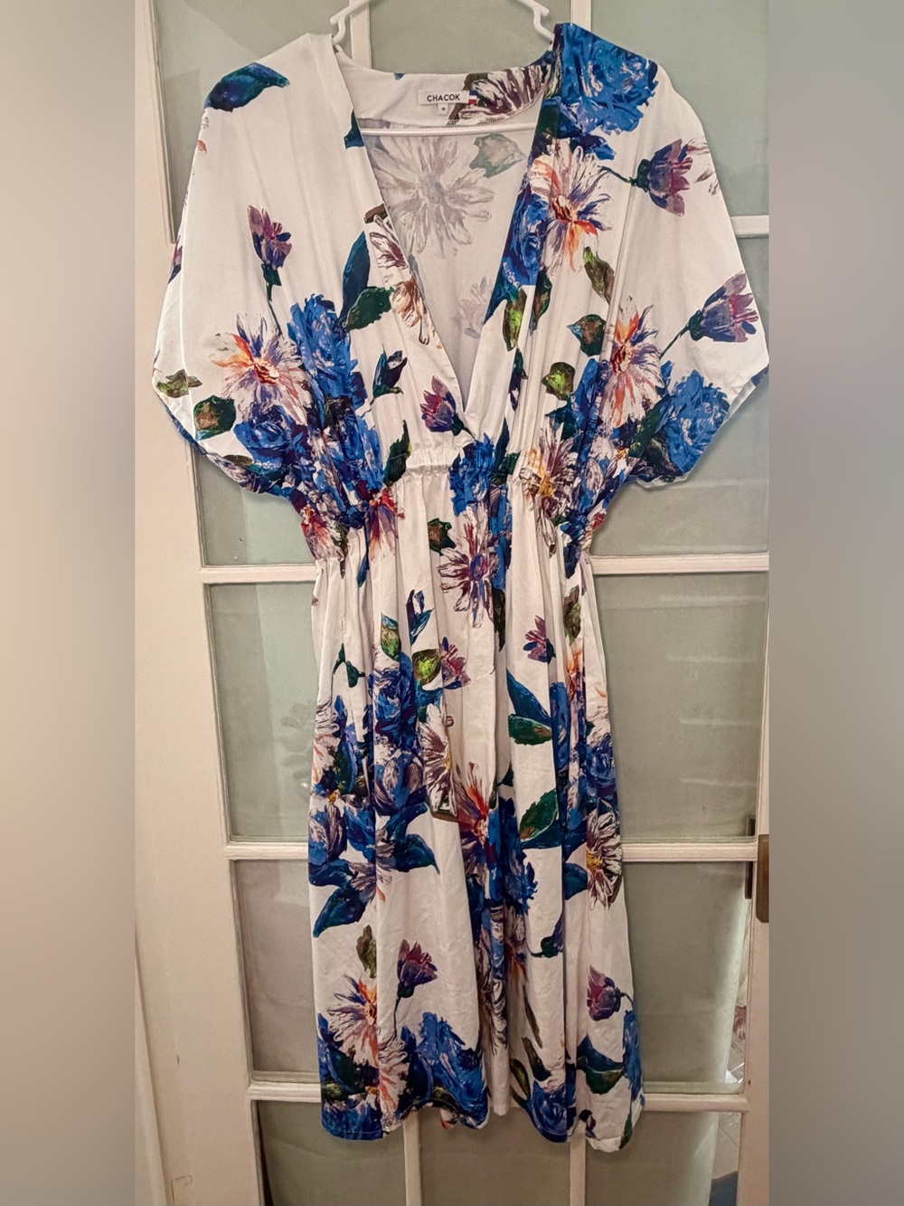 Vintage Chacok White Floral Dress with pockets cinched waist - made in France